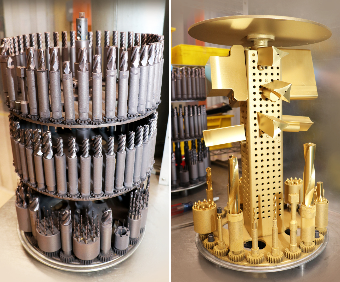 Images of a carousel and stand of newly coated tools