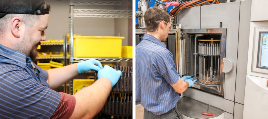 Workers organizing tools into bins and prepping tools to be cleaned and coated